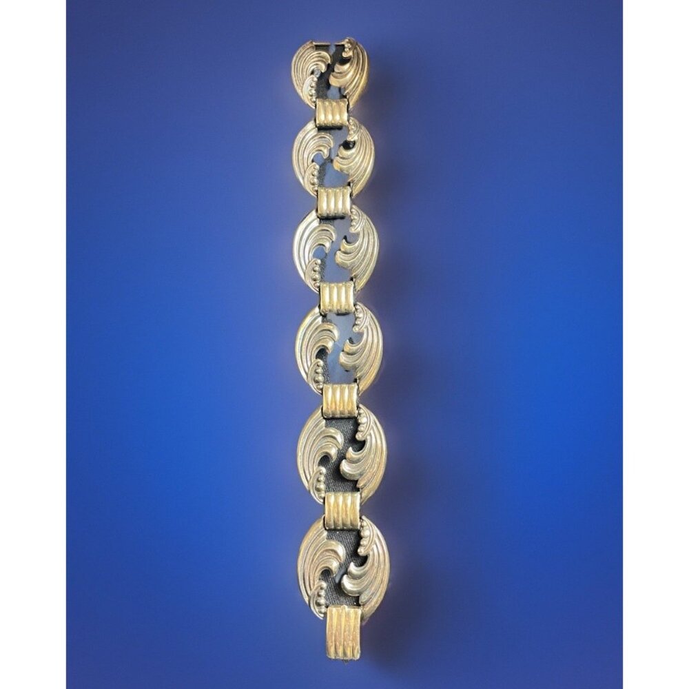 Symmetalic Sterling Silver With 14K Gold Overlay Bracelet Wave Panel Link
